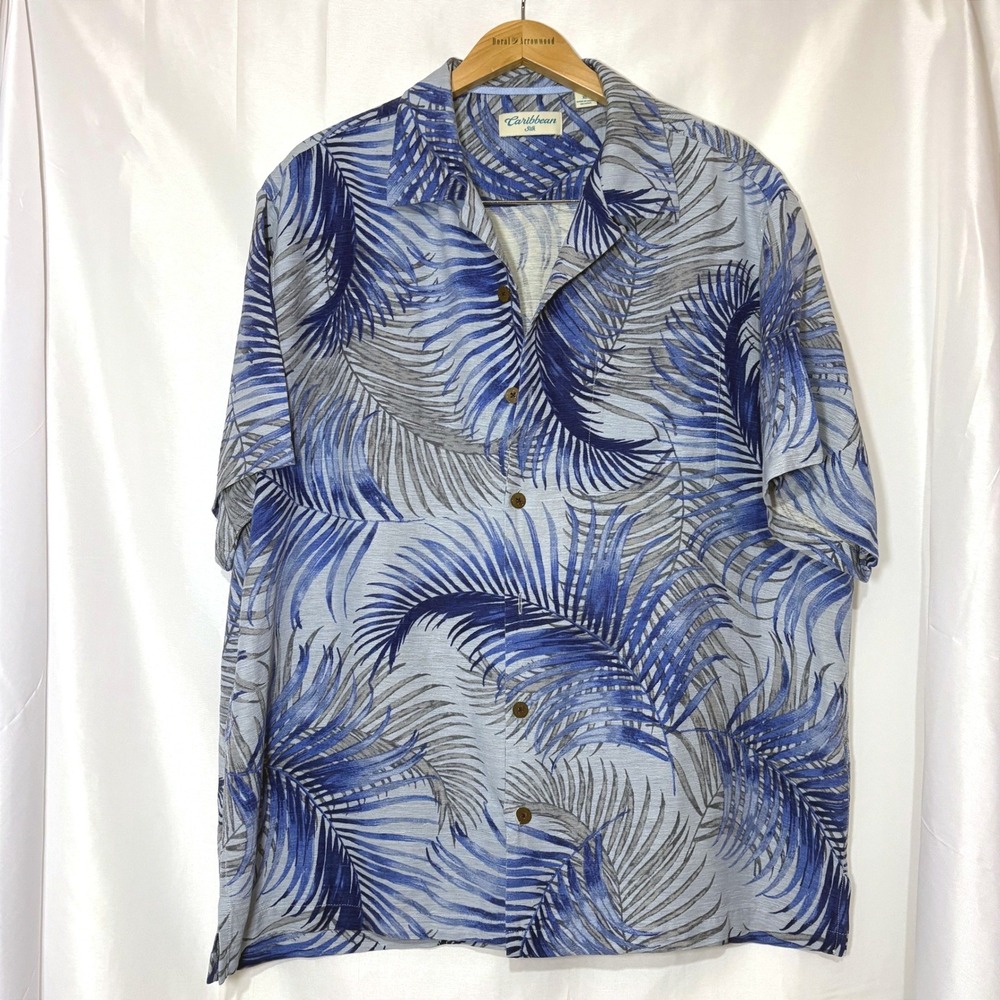 Caribbean Silk Mens Blue Palm Tropical Print 100% Silk Short Sleeve Camp Shirt